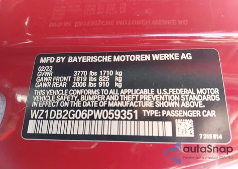 2023 Toyota Gr Supra 2.0 z USA, uszkodzony, nr VIN WZ1DB2G06PW059351